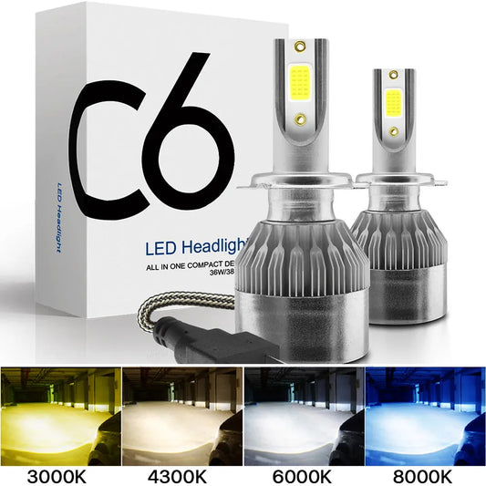 2x H7 LED H11 H4 Hi/Lo H1 H3 H8 HB1 HB3 HB4 HB5 HIR2 H13 H27 9005 9006 Car Headlight Bulbs 3000K 6000K 8000K COB C6 car lights