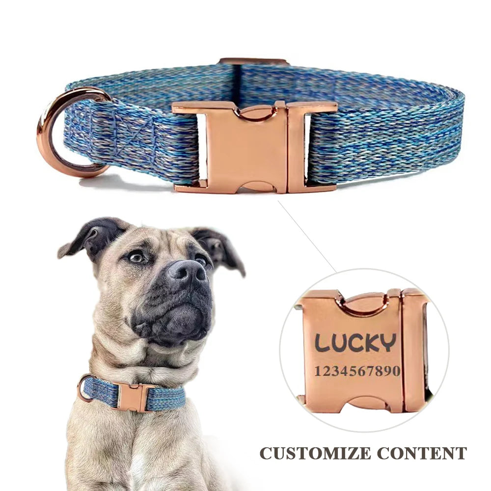 Customized Dog collars Free Engraved Nameplate Adjustable Linen Collar Rope Leash Set Durable Personalized Pet ID Tag