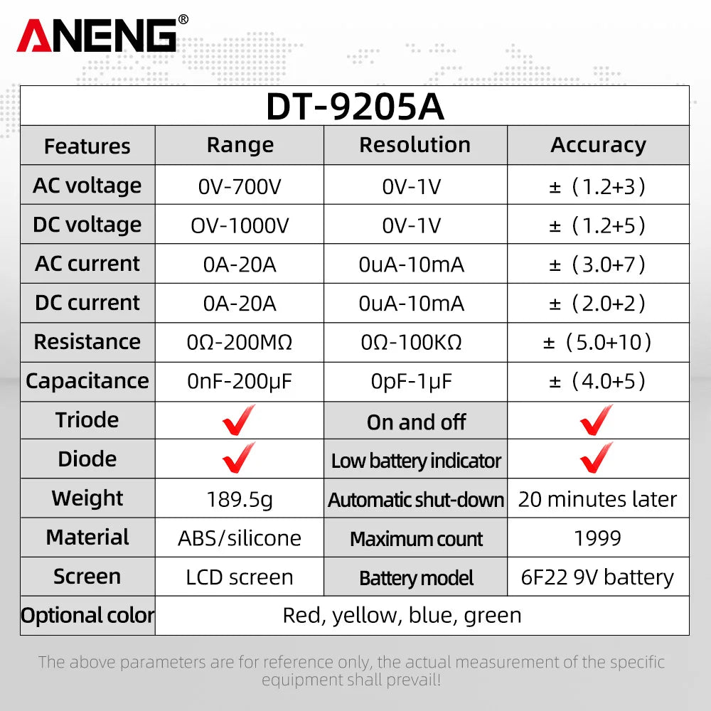 ANENG DT9205A Digital Profesional Multimeter AC/DC Transistor Voltage Tester Electric  NCV True RMS Analog Auto Range Multimetro